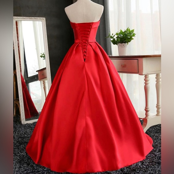 Red Strapless Side Slit Satin A-line Prom Gown